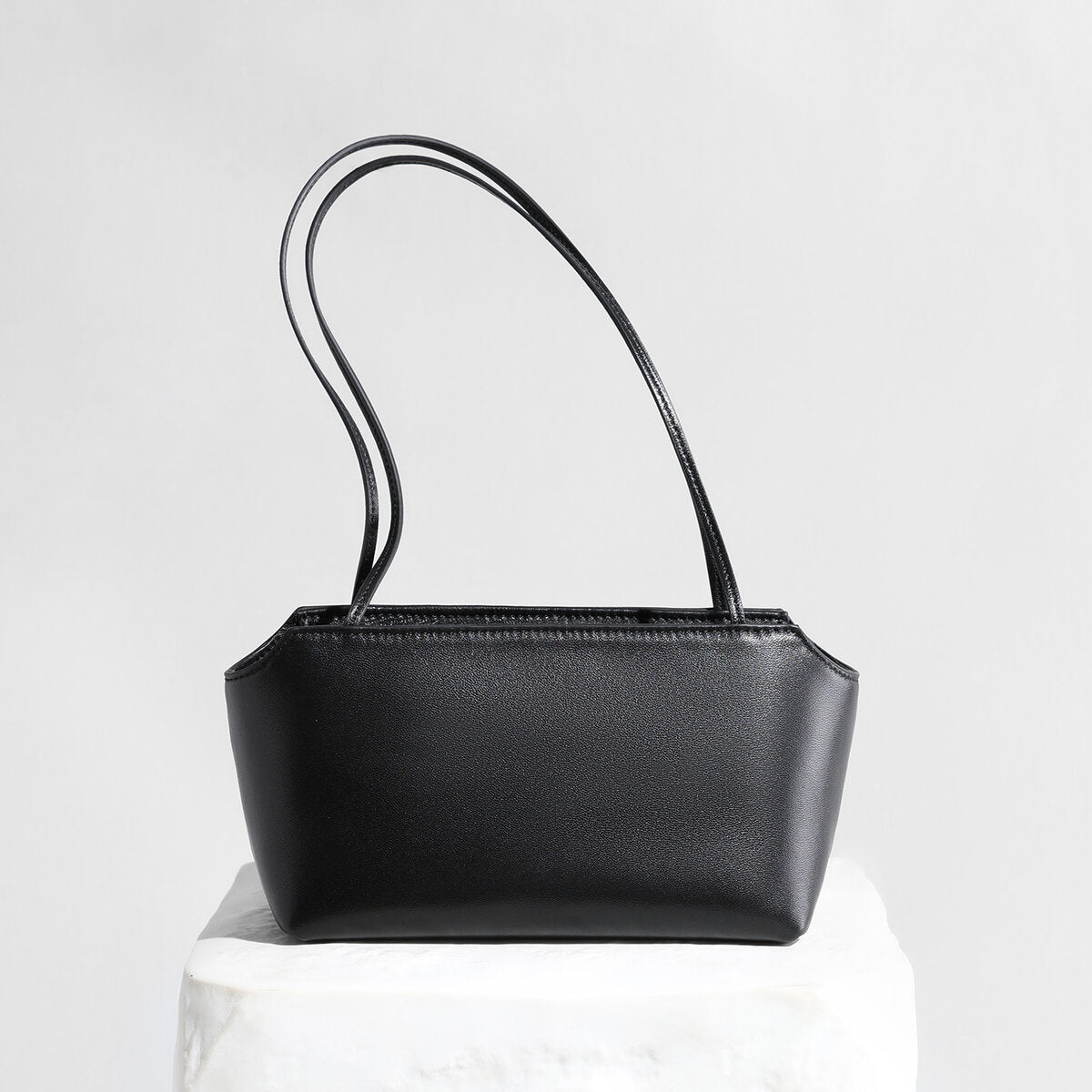 Minimalist Structured Leather Underarm Shoulder Bag - Black