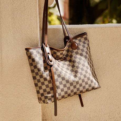 Nalandu Vintage Checkered Commuter Tote Bag - Khaki