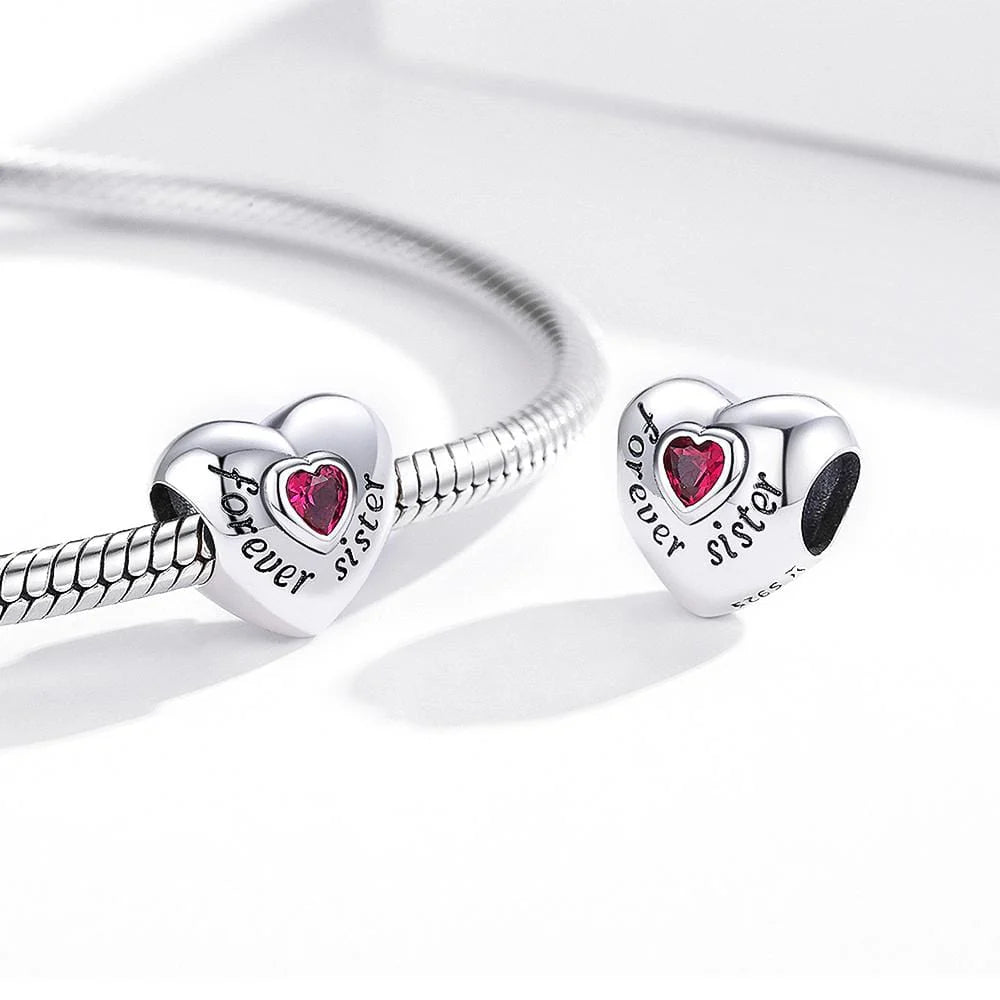 Solid 925 Sterling Silver Bolded Heart Forever Sister Inscription Pandora Inspired Charm