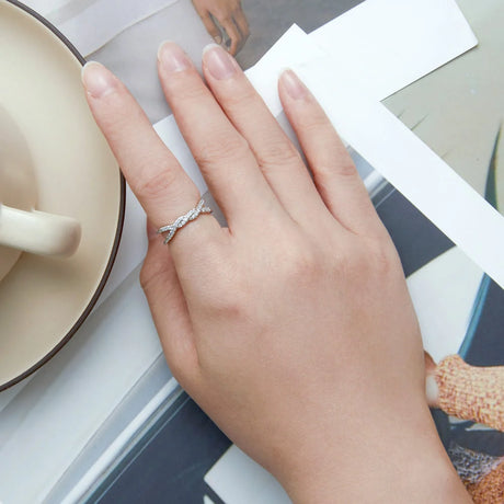 Solid 925 Sterling Silver Crystals Braided Ring