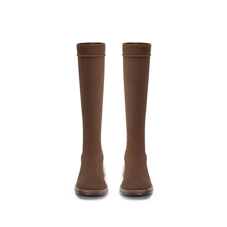 Mademoiselle Round Toe Knee High Sock Boots - Coffee
