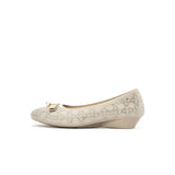 Pearl Bow Czech Crystal Knit Round Toe Wedge Pumps - Ivory