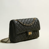 Classic Black Quilted Caviar Leather Flap Shoulder Bag - Black