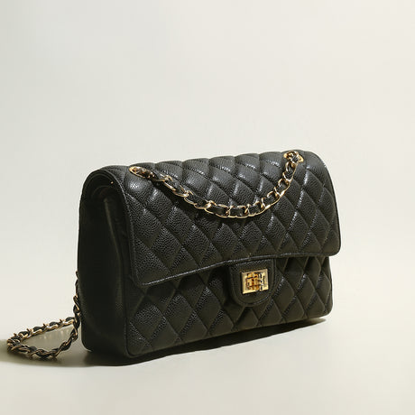Classic Black Quilted Caviar Leather Flap Shoulder Bag - Black