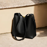 Nalandu Minimalist Genuine Leather Bucket Shoulder Bag - Black