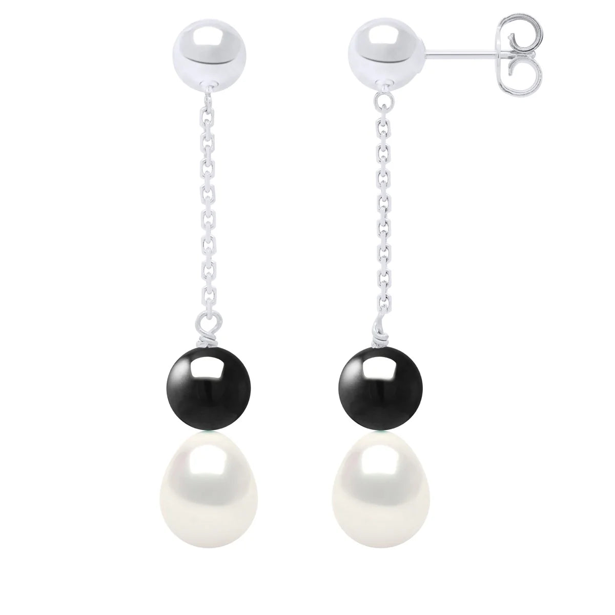 Drop Drop Earrings Freshwater Pearl & Black Obsidian White Sterling Silver