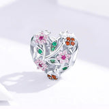 Solid 925 Sterling Silver Heart Colourful Floral Flower Pandora Inspired Charm