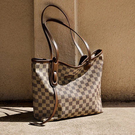 Nalandu Vintage Checkered Commuter Tote Bag - Khaki