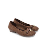 Pearl Bow Czech Crystal Knit Round Toe Wedge Pumps - Chocolate