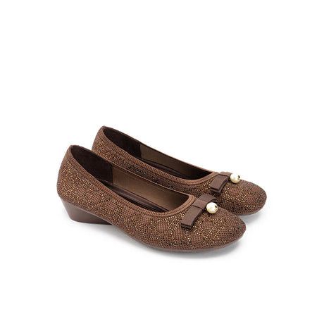 Pearl Bow Czech Crystal Knit Round Toe Wedge Pumps - Chocolate