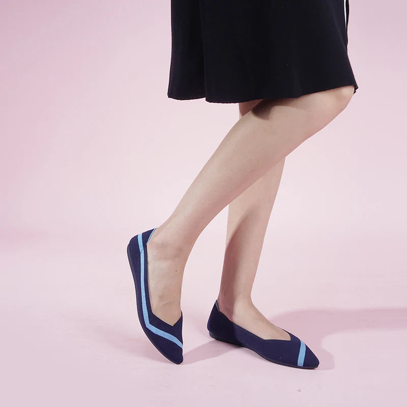 Comfortable Woven Striped Pointed Toe Flats - Navy