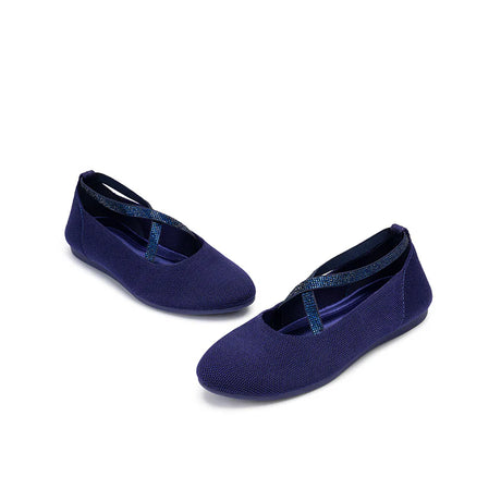 Rhinestone Cross Strap Knit Ballet Flats - Navy