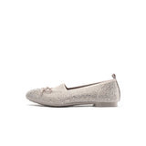 Rhinestone Bow Knit Round Toe Ballet Flats - Taupe