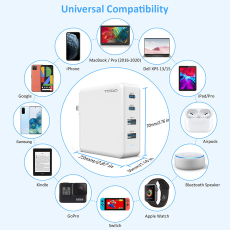 TODO 100W GaN USB C Travel Charger Adaptor Universal Charging Station 4 Port 5A World Adapter
