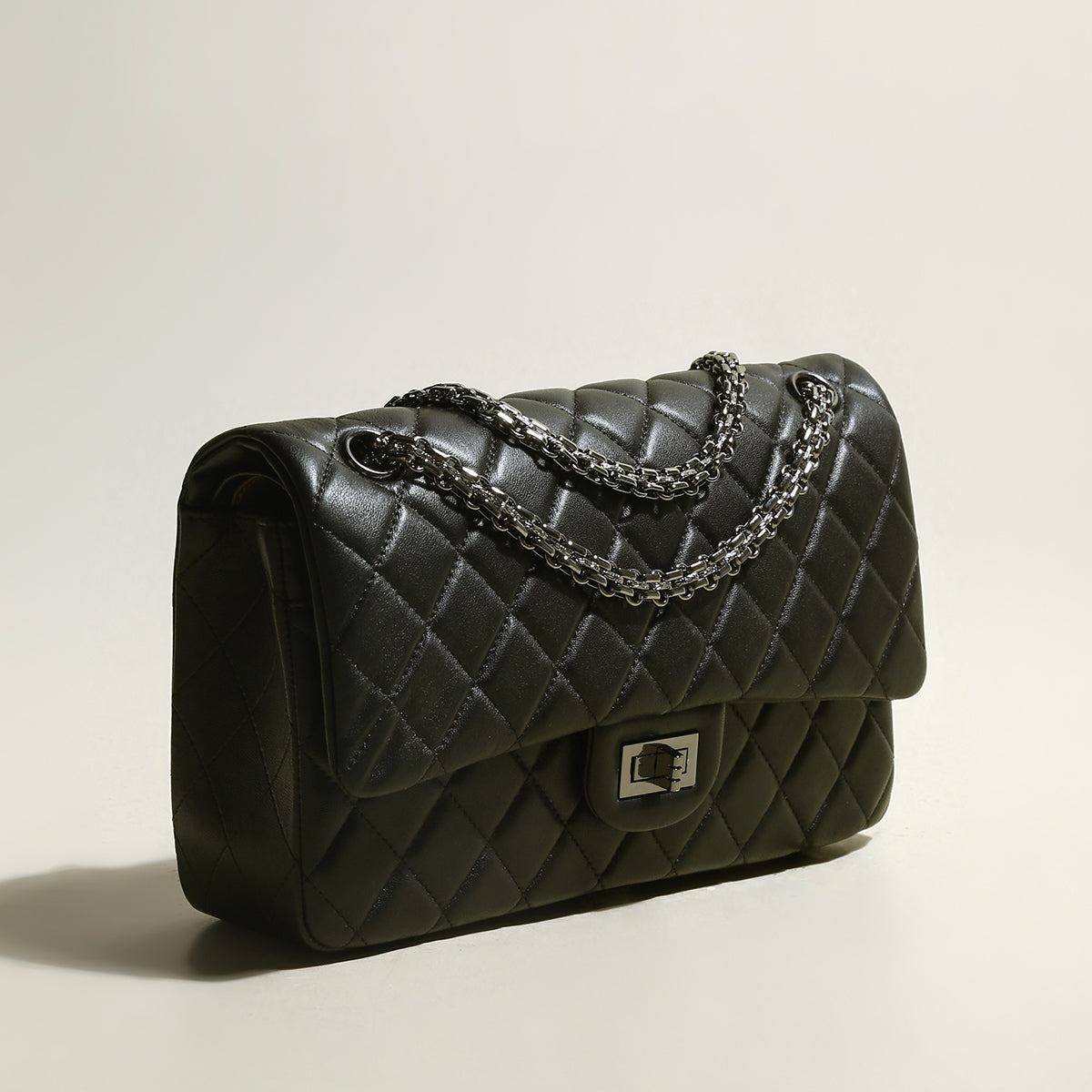 Black Quilted Caviar Leather Flap Shoulder Bag - Black