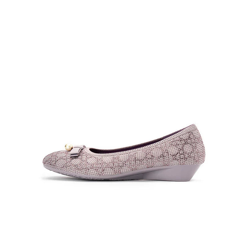 Pearl Bow Czech Crystal Knit Round Toe Wedge Pumps - Mauve