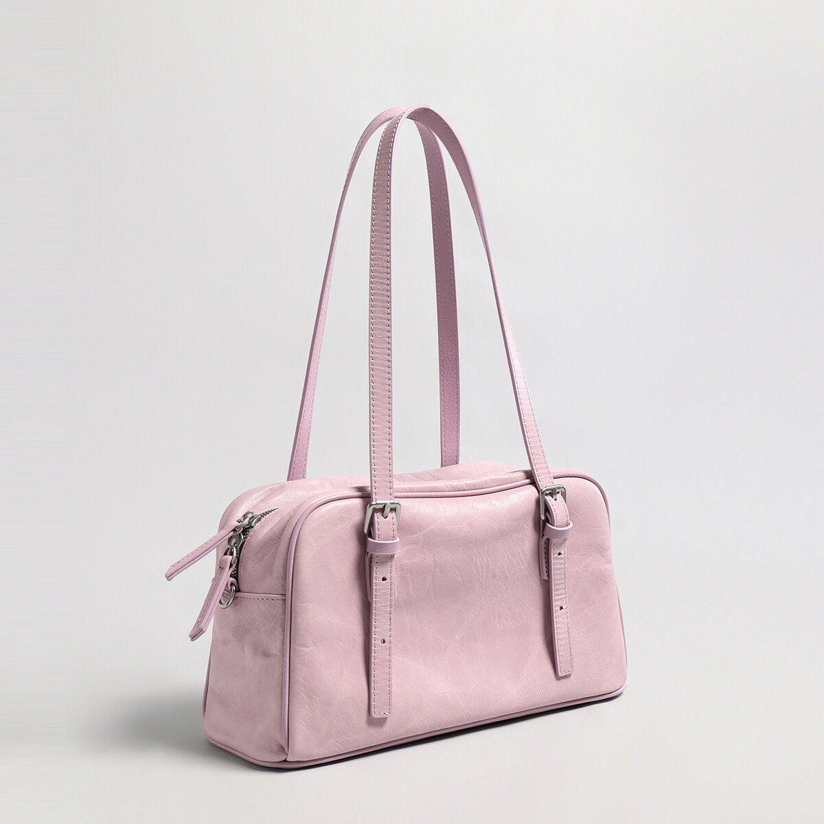 Oil-Wax Leather Boston Bowling Shoulder Bag - Pink