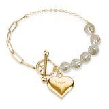 Bullion Gold Pearl Paper Clip Chain Heart Gold Layered Stainless Steel Bracelet