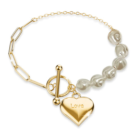 Bullion Gold Pearl Paper Clip Chain Heart Gold Layered Stainless Steel Bracelet