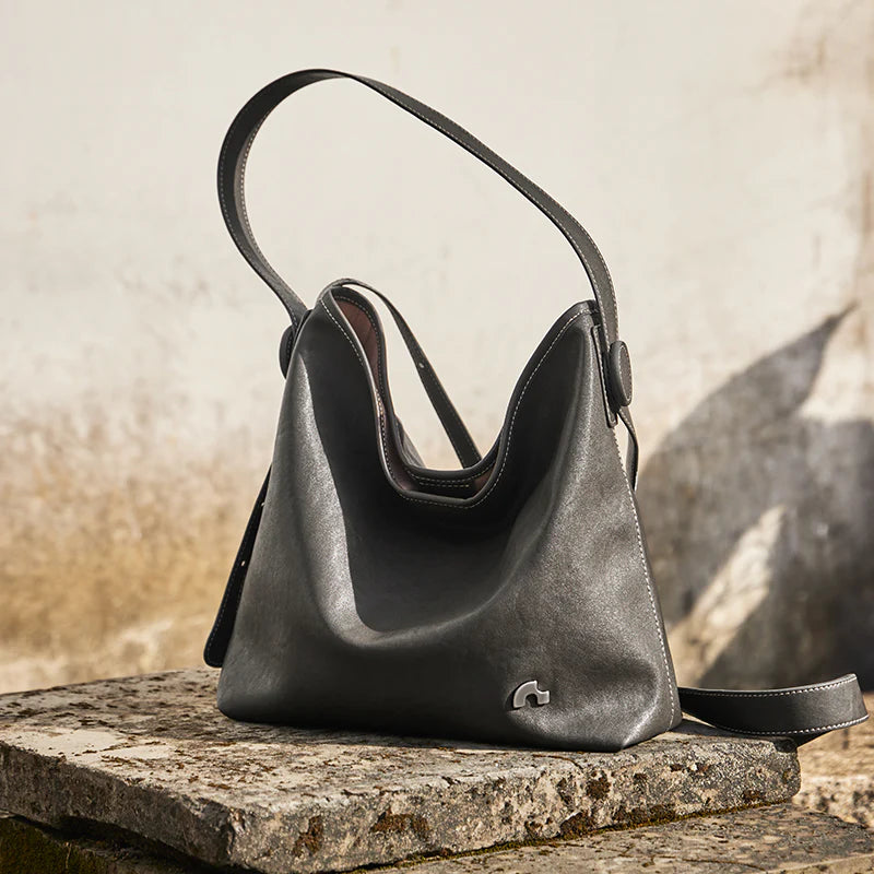 Nalandu Vintage Leather Slouchy Tote Bag - Charcoal