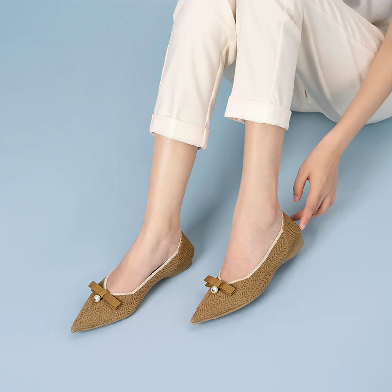 Sarah Casual Pearl Bow Commuter Flats - Tan