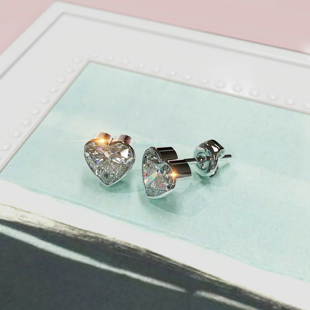 Solid 925 Sterling Silver Heart Bezel Studs Clear