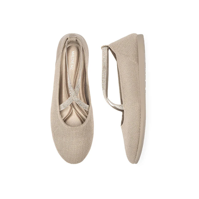 Rhinestone Cross Strap Knit Ballet Flats - Sand