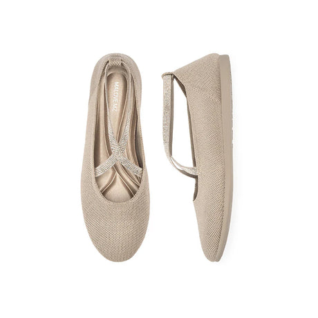 Rhinestone Cross Strap Knit Ballet Flats - Sand