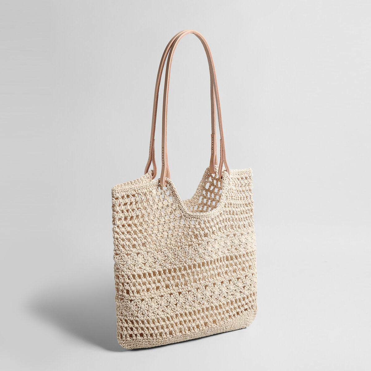 Open-Weave Crochet Tote Bag - Beige