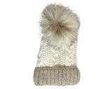 Cherry Red Cable Knit Beanie W/ Pom Pom - White