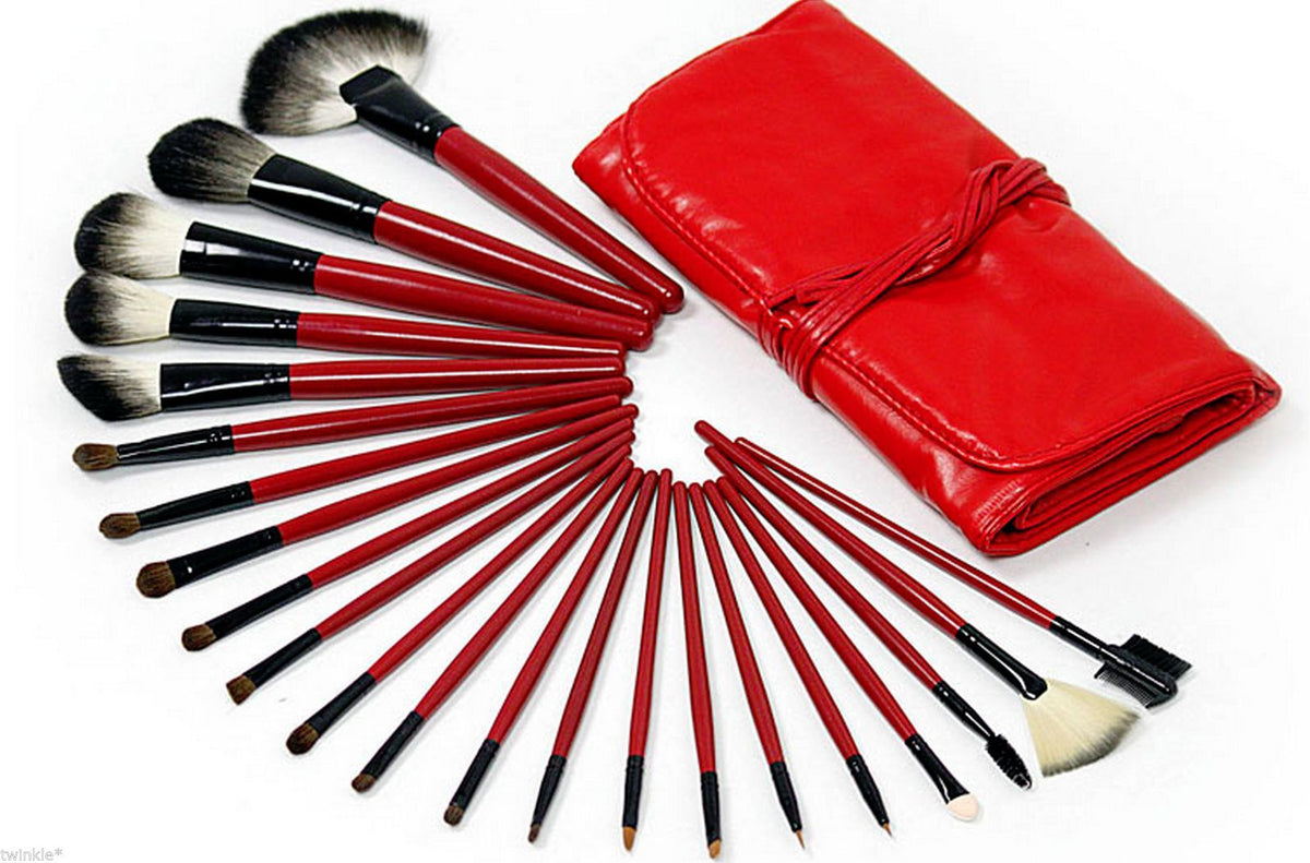 22 Piece Makeup Brush Set Soft Hair Brush Roll Up Carry Bag Red