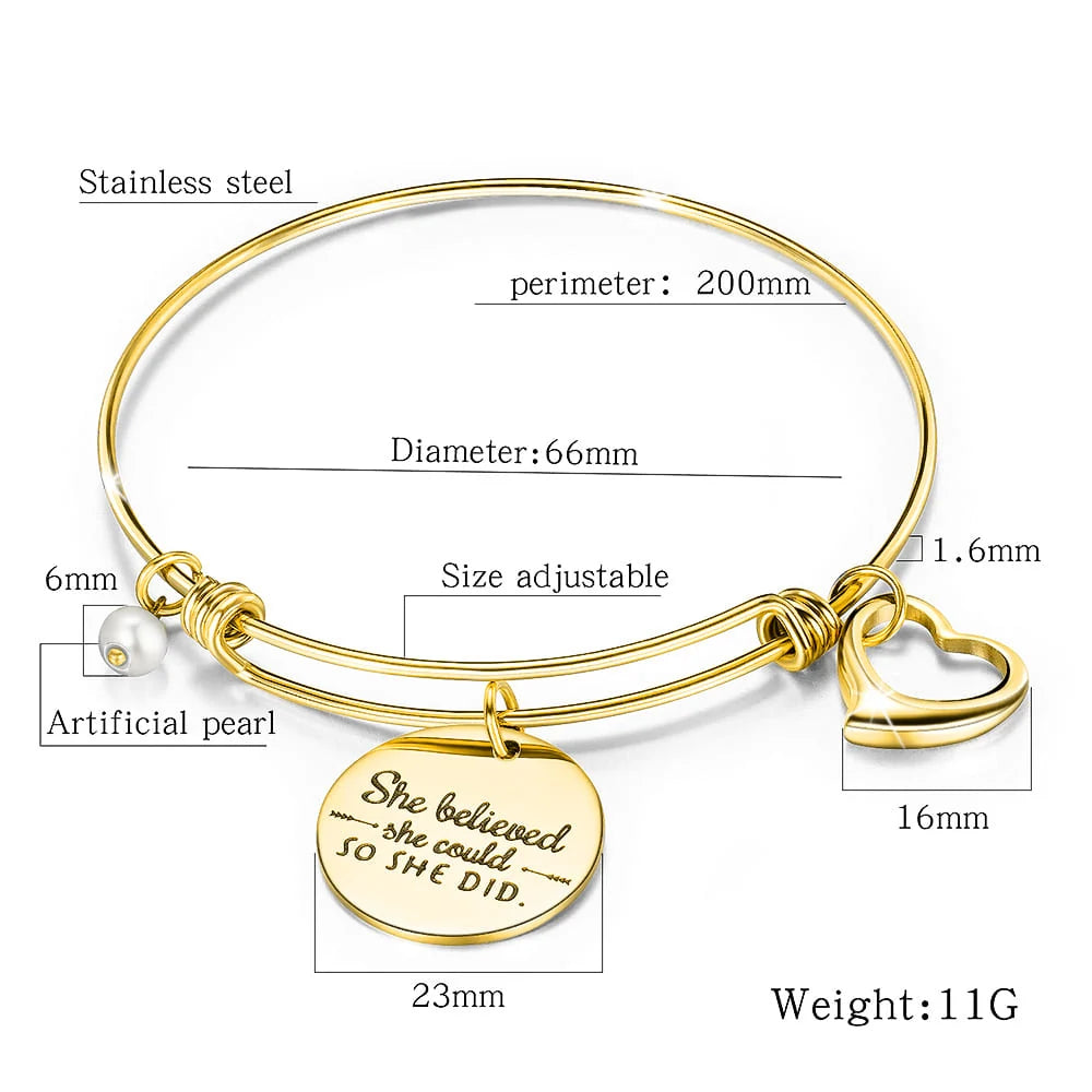 Bullion Gold She Believed She Could Heart Charm Gold Layered Tubular Adjustable Inspirational Bangle