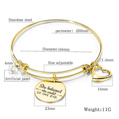 Bullion Gold She Believed She Could Heart Charm Gold Layered Tubular Adjustable Inspirational Bangle