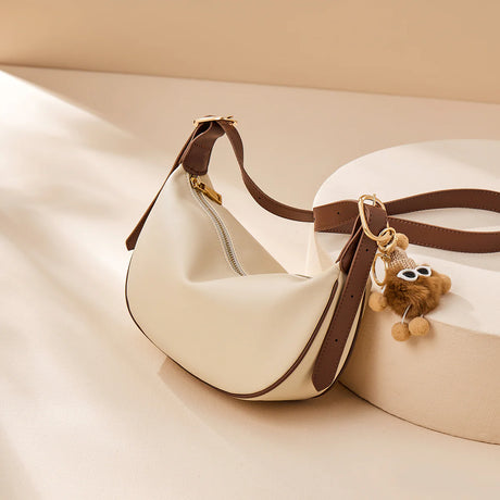 Nalandu Crescent Leather Crossbody Shoulder Bag with Bear Charm - Ivory