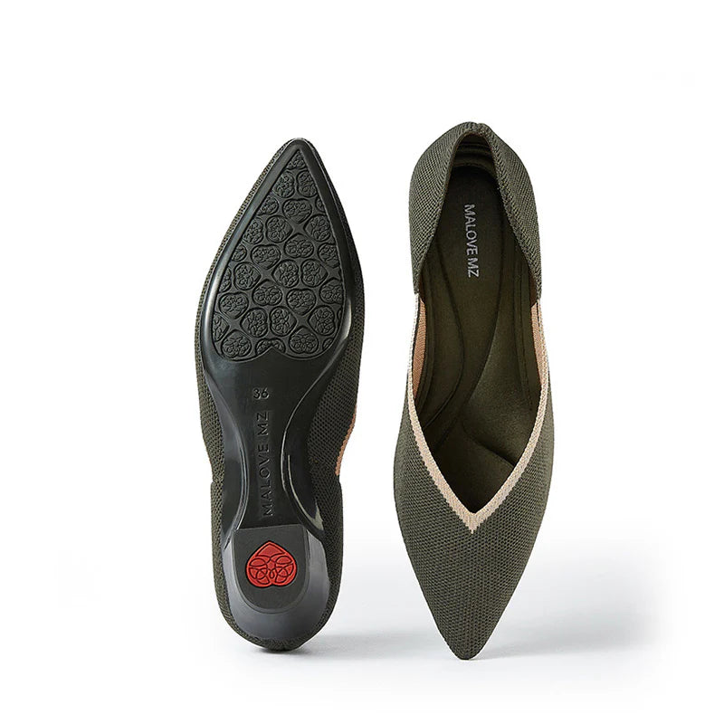 Minimalist Heart Heel Pointed Toe Knit Flats - Olive