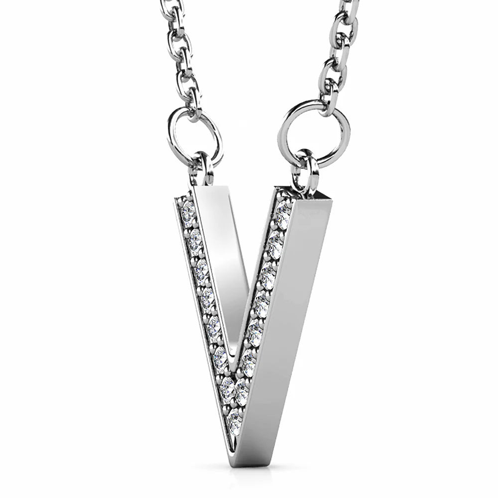 Krystal Couture Luxury V Shaped Pendant Necklace in White Gold Embellished with Swarovski Crystals