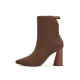 Pointed Toe Block Heel Knit Ankle Boots - Coffee