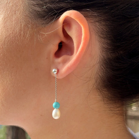 Drop Drop Earrings Freshwater Pearl & Turquoise White Sterling Silver
