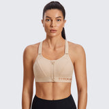 Zip Front Large Padded High Impact Sports Bra - Beige