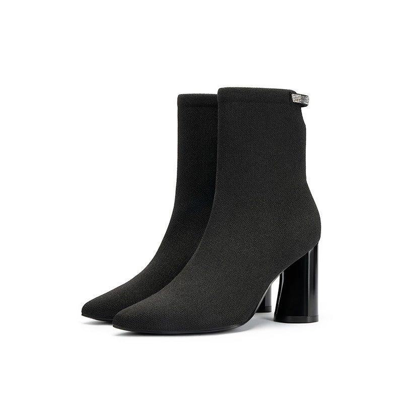 Pointed Toe Block Heel Knit Ankle Boots - Black