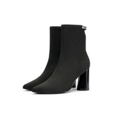 Pointed Toe Block Heel Knit Ankle Boots - Black