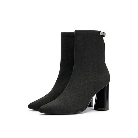 Pointed Toe Block Heel Knit Ankle Boots - Black