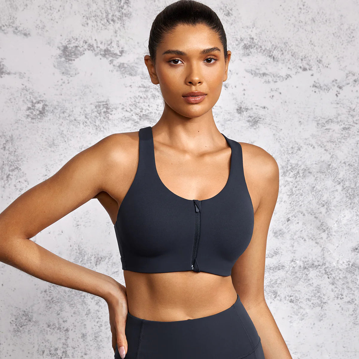 Power On Soft Padded High Impact Zip Front Sports Bra - Navy