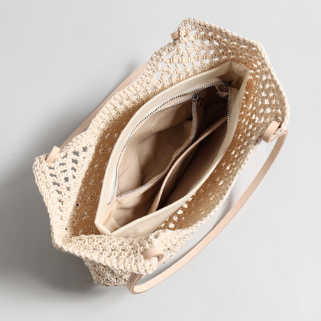 Open-Weave Crochet Tote Bag - Beige