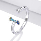 Adjustable Solid 925 Sterling Silver Colourful Rainbow Alphabet Letter Ring