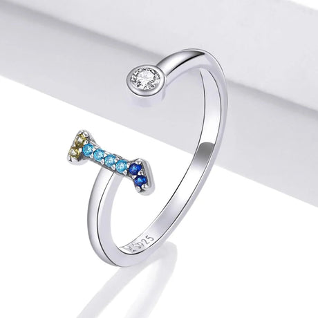 Adjustable Solid 925 Sterling Silver Colourful Rainbow Alphabet Letter Ring