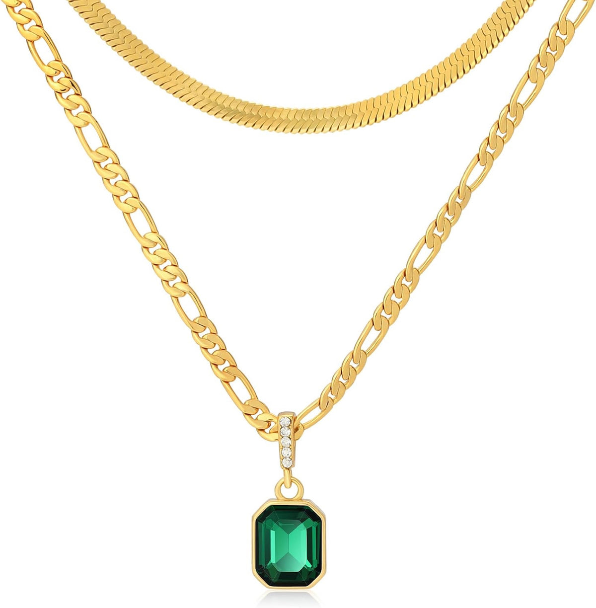 Liv Oliver 18K Multi Layer Emerald Green Drop Necklace