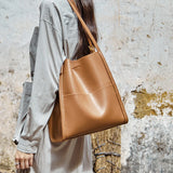 Nalandu Minimal Soft Leather Commuter Tote Bag - Brown