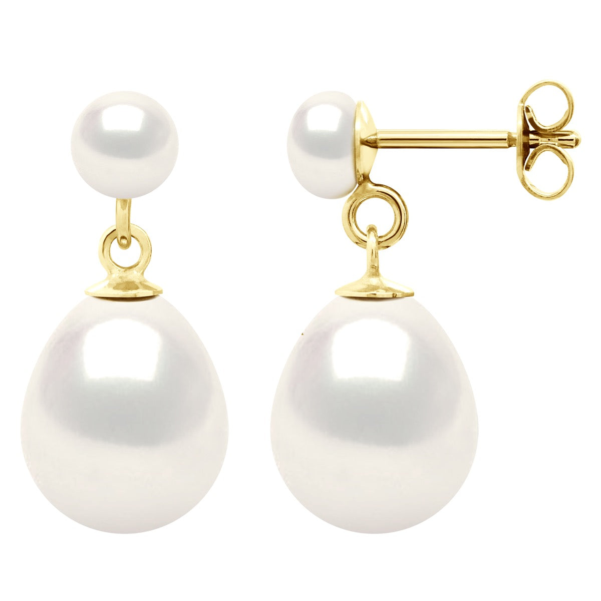 Double Earrings Yellow Gold - Natural White - Height Earrings 22 mm