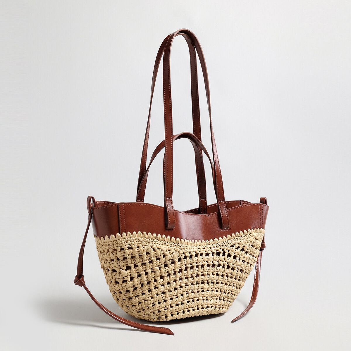 Handwoven Straw Leather Tote Bag - Brown